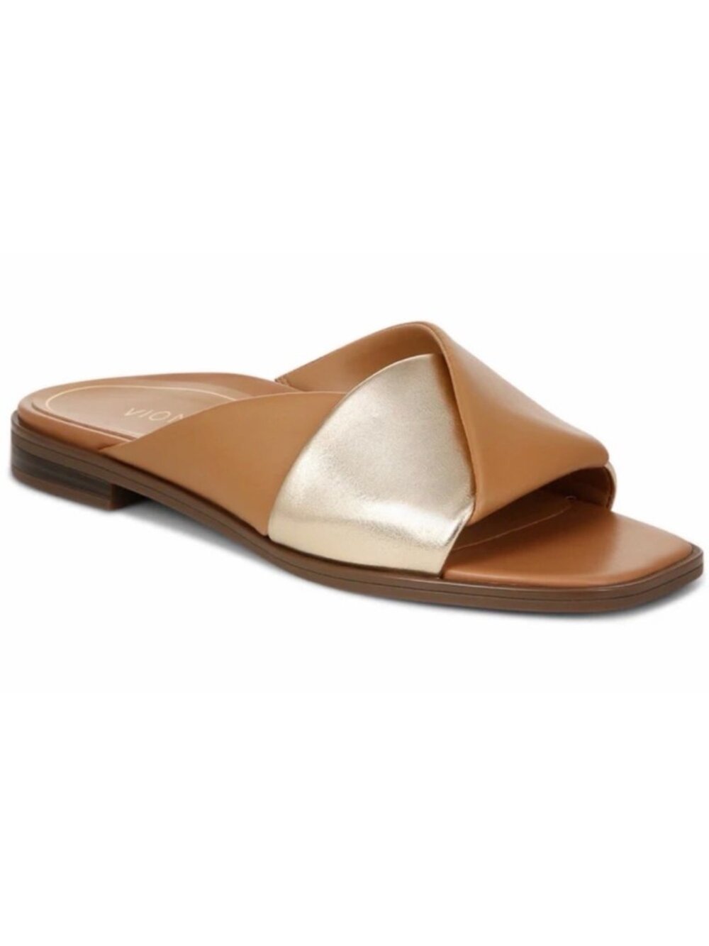 New Vionic Miramar Leather Slide Sandals Womens 7.5 Camel & Gold